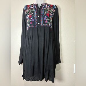 Velzera V-Neck Embroidered Black Dress Tunic M NWT Boho Long Sleeve Flowy Light
